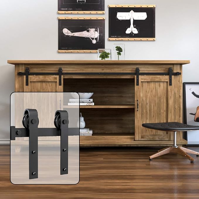 WINSOON 5FT Super Mini Barn Door Hardware Kit, Double Doors, J Shape Hanger | Sliding Small Barn Door Hardware Kit, for Mini/Small Barn Door, TV Stands, Wardrobe Cabinets, DIY