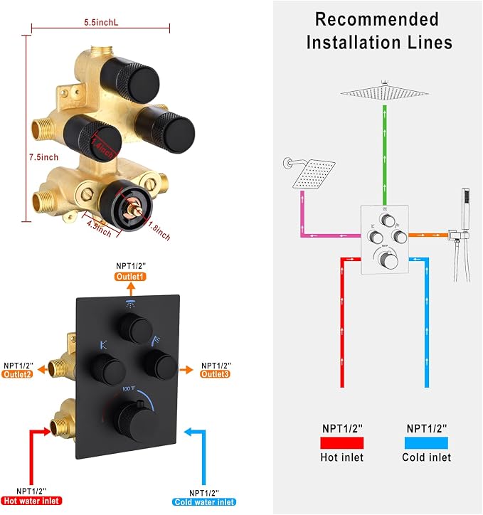 Dual Shower Heads Shower System with 16" Ceiling Mounted Rain Shower Head & 6" Wall Mounted Head Full Body Shower System 3 Way Thermostatic Shower Valve Can All Run Together, Matte Black
