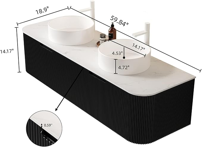 Yayzy 60" Floating Bathroom Vanity with Sink, Solid Wood Fluted Cabinet, White Round Ceramic Basin & Faux Marble Top, Soft-Close Drawer, Pre-Assembled, Gloss Black