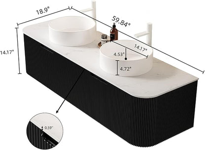 Yayzy 60" Floating Bathroom Vanity with Sink, Solid Wood Fluted Cabinet, White Round Ceramic Basin & Faux Marble Top, Soft-Close Drawer, Pre-Assembled, Gloss Black