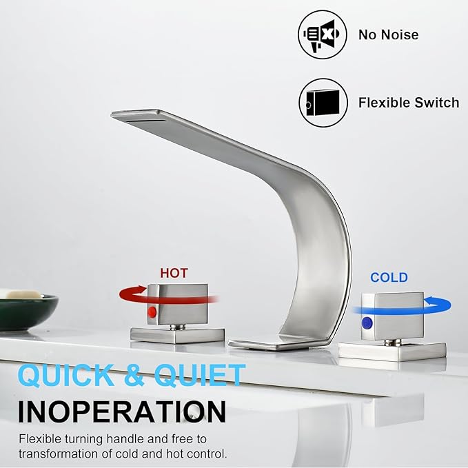 Brushed Nickel Bathroom Faucet 3 Hole,Ultrathin Low Arc 8 inch Widespread Bathroom Sink Faucet,Waterfall Bathroom Faucet,2-Handle Modern Vanity Faucet with Hot and Cold Water Supply Hoses