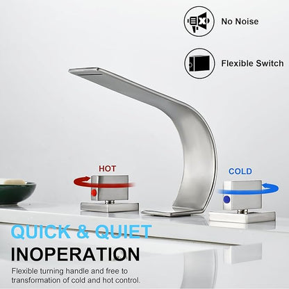 Brushed Nickel Bathroom Faucet 3 Hole,Ultrathin Low Arc 8 inch Widespread Bathroom Sink Faucet,Waterfall Bathroom Faucet,2-Handle Modern Vanity Faucet with Hot and Cold Water Supply Hoses