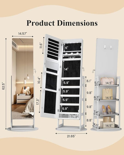 LVSOMT Standing Jewelry Mirror Organizer 6 LED Swivel Jewelry Cabinet White | Framelss Full Length Mirror with Jewelry Storage, Lockable Jewelry Armoire with 4 Rear Shelves and Hooks for Women Gift