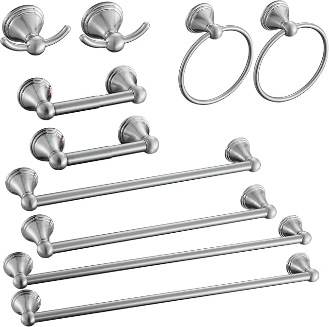 Sagetta Bathroom Hardware Set, 10-Piece Bath Accessories Set Wall Mount Includes 20 in Towel Bar, 16 in Towel Bar, Towel Ring, TP Holder, Towel Hook Brushed Nickel