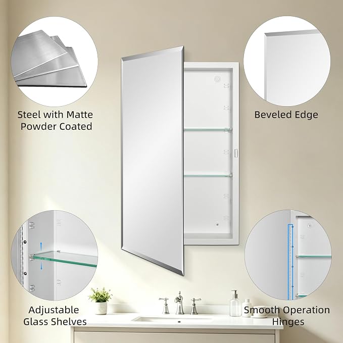 IDYLLOR Bathroom Medicine Cabinet with Beveled Edge Mirrored Door 16 x 26 inch, Recessed or Surface Mount, with Adjustable Glass Shelves