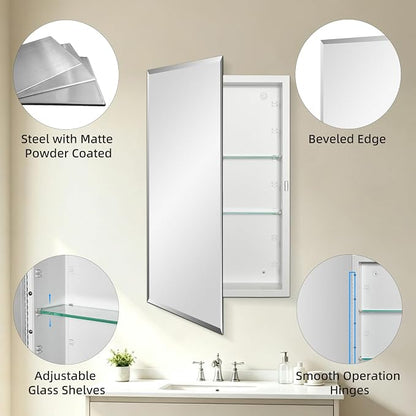 IDYLLOR Bathroom Medicine Cabinet with Beveled Edge Mirrored Door 16 x 26 inch, Recessed or Surface Mount, with Adjustable Glass Shelves