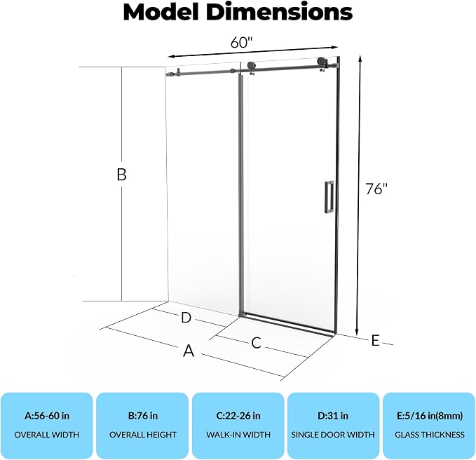 Frameless Sliding Glass Shower Door 56–60 Inch W x 76 Inch H – Single Sliding Door with Fixed Panel, 8mm Tempered Glass, Stainless Steel Round Rail, Matte Black