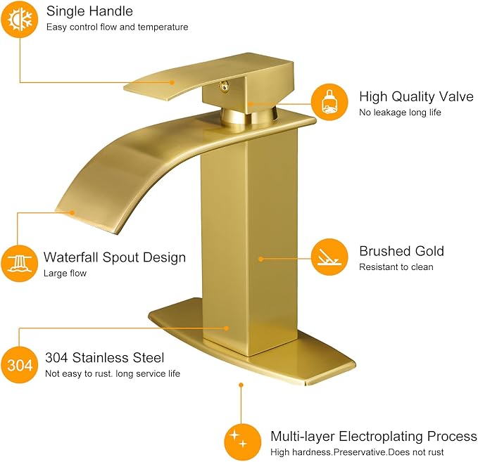 BESy Brushed Gold Waterfall Bathroom Faucets, Single Hole Single Handle Bathroom Sink Faucet, 1 Hole Rv Vanity Faucet 3 Hole Deck Plate