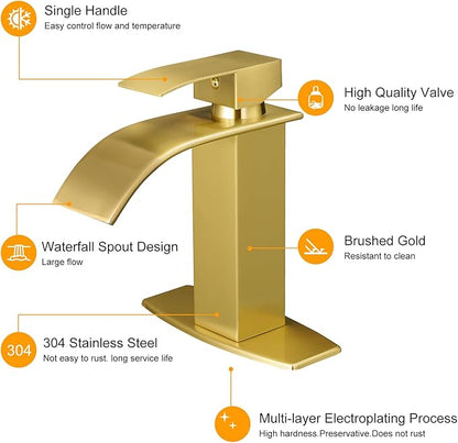 BESy Brushed Gold Waterfall Bathroom Faucets, Single Hole Single Handle Bathroom Sink Faucet, 1 Hole Rv Vanity Faucet 3 Hole Deck Plate