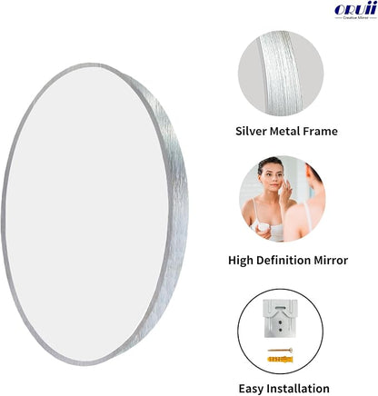 Round Mirror, 26 inch Silver Circle Mirror,Bruhsed Nickel Metal Frame | High Definition,Waterproof,Rust-resistant,Round Mounted Mirrors for Bathroom,Living Room,Bedroom,Hallyway,Vanity,Wall Décor