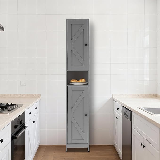 GarveeHome Tall Narrow Bathroom Cabinet, 66.9" Small Skinny Bathroom Storage Cabinet for Small Spaces | Freestanding Water Resistant Organizer for Bathroom, Kitchen, Hallway (2 Doors, Grey)