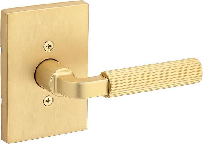 Kwikset Mirada Reeded Dummy Door Handle, Single Sided Lever for Closets, French Double Doors, and Pantry, Satin Brass, Non-Turning Reversible Interior Push/Pull Lever, with Microban Protection