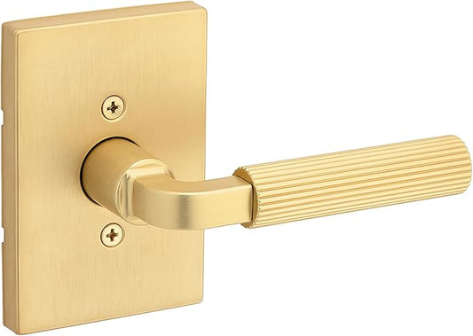 Kwikset Mirada Reeded Dummy Door Handle, Single Sided Lever for Closets, French Double Doors, and Pantry, Satin Brass, Non-Turning Reversible Interior Push/Pull Lever, with Microban Protection