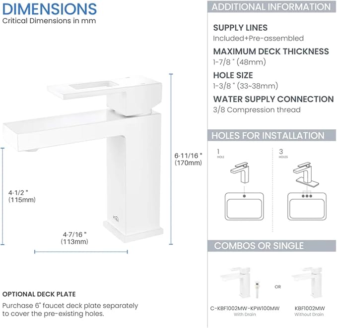 Single Hole Bathroom Sink Faucet with Pop-Up Drain, Solid Brass Single Handle Vanity Faucet, High Arc Modern Bathroom Faucet, Matte White Finish, Corrosion Resistant