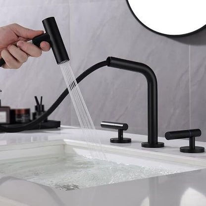 3 Hole Basin Faucets Pull Out Basin Mixer Faucet Bathroom Mixer Faucet Double Handle 2 Mode Brass-Black