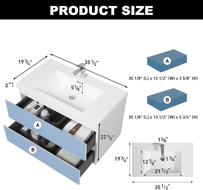 Pre-Assembled 36'' Wall Mounted Bathroom Vanity with Sink, Glossy White | Floating Bathroom Vanity with Solid Surface Top Basin, 2 Soft-Close Drawers, Resin Integrated Sink, Easy to Install & Clean