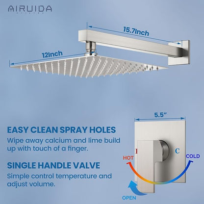 Airuida Shower Faucet Set,12 Inch Shower Valve Kit,Brushed Nickel | Male Threads,Rough-in Valve Shower Trim Kit,Single Handle Control Shower Set