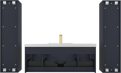 Blossom 48 Inch Bathroom Vanity with Sink and 2 Side Cabinets, All Wood Wall Mounted Floating Bathroom Vanity Cabinet with Acrylic Sink, Soft-Close Drawers, Bathroom Vanities, Night Blue