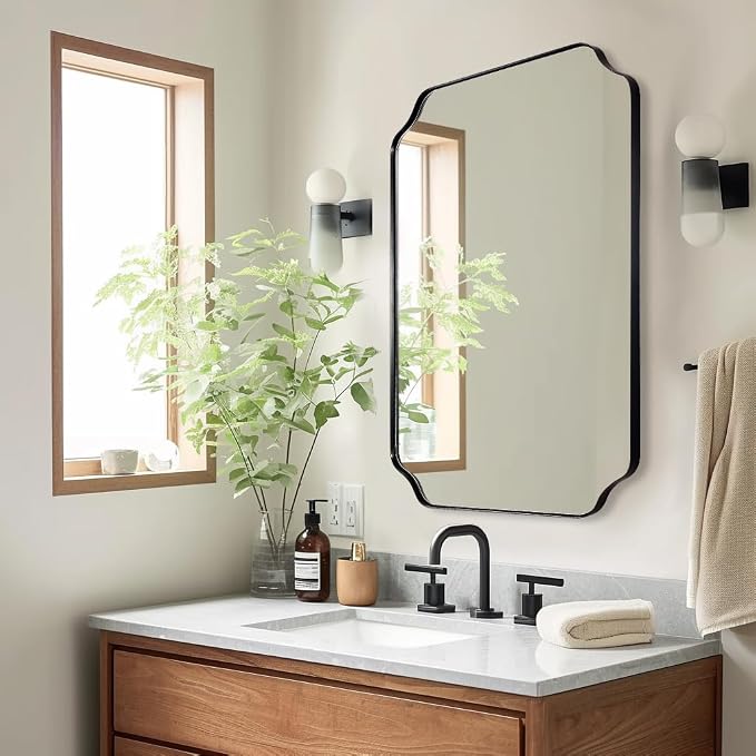 Bathroom Vanity Mirror, 24x36 Inch Matte Black Mirror, Modern Rectangle Mirrors for Bathroom, Asymmetrical Wall Mirror with Scalloped Round Corner