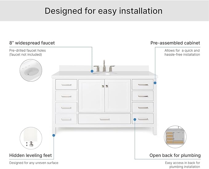 ARIEL Cambridge 60-inch Bathroom Vanity with Sink,Solid Wood, 1.5-inch Pure White Quartz Countertop & Backsplash, Single Oval Porcelain Sink, 2 Soft Closing Doors, 9 Dovetail Drawers, White