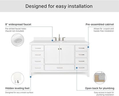 ARIEL Cambridge 60-inch Bathroom Vanity with Sink,Solid Wood, 1.5-inch Pure White Quartz Countertop & Backsplash, Single Oval Porcelain Sink, 2 Soft Closing Doors, 9 Dovetail Drawers, White