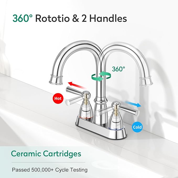 CREA 4 Inch Centerset Bathroom Faucet 2 or 3 Hole,Double Handle Bathroom Faucets with Pop Up Drain/ 360° Swivel Chrome Vanity Basin Mix Tap