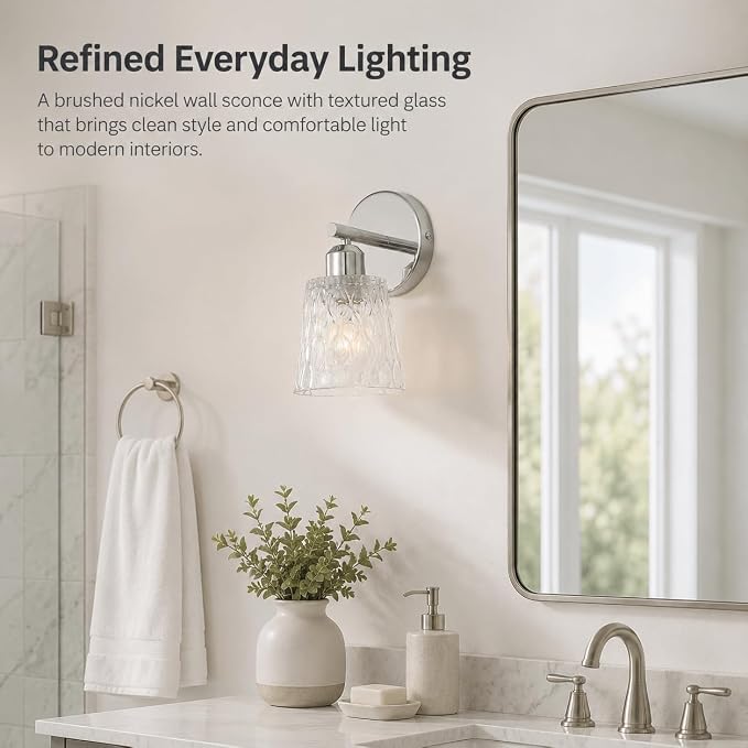 Chrome 1 Light Bathroom Vanity Light with Textured Glass Shade, E26 Socket, Bathroom Light Fixture Over Mirror, Modern Lighting Fixture Wall Lamp Vanity Light