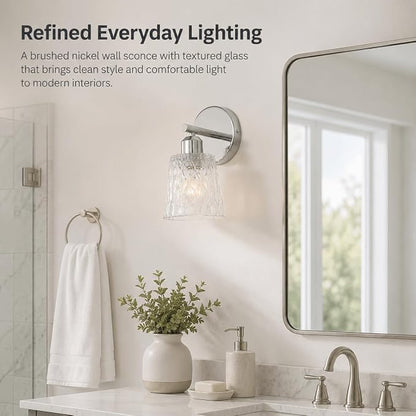 Chrome 1 Light Bathroom Vanity Light with Textured Glass Shade, E26 Socket, Bathroom Light Fixture Over Mirror, Modern Lighting Fixture Wall Lamp Vanity Light