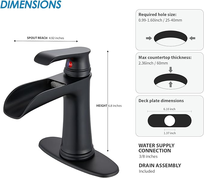 Black Waterfall Bathroom Faucet, Sanliv Single Handle Bathroom Faucets for Sinks 1 or 3 Hole (4 inch) Hotel Vanity Faucet with Deckplate & Pop-Up Drain, Matte Black