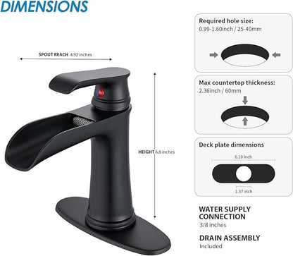 Black Waterfall Bathroom Faucet, Sanliv Single Handle Bathroom Faucets for Sinks 1 or 3 Hole (4 inch) Hotel Vanity Faucet with Deckplate & Pop-Up Drain, Matte Black