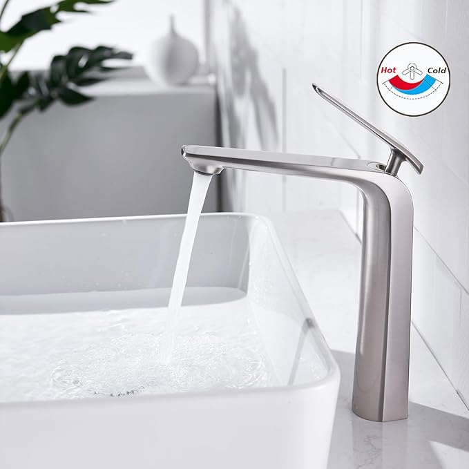 TOCALOCA Tall Vessel Sink Faucet, Premium Brass Mixer Tap Brushed Nickel Single Handle Vanity Faucet 1 Hole, Modern Commercial Anti-Fingerprints