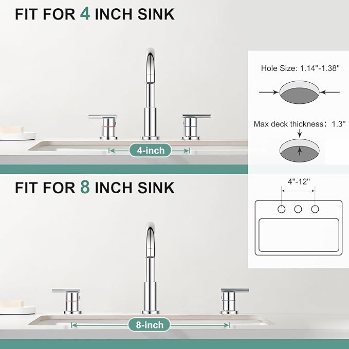 Faustina Chrome Bathroom Faucet,8 Inch Widespread Bathroom Faucets for Sink 3 Hole/Double-Handle 4 Inch 8 Inch Bathroom Faucet with Drain Assembly Stainless Steel Vanity Faucet Basin Mixer Tap