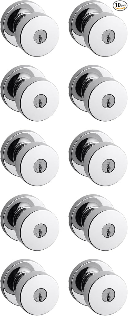 Kwikset Pismo Entry Door Knob with Lock and Key, Secure Keyed Handle Exterior, Front Entrance and Bedroom, Polished Chrome, 10 Pack, Pick Resistant SmartKey Rekey Security