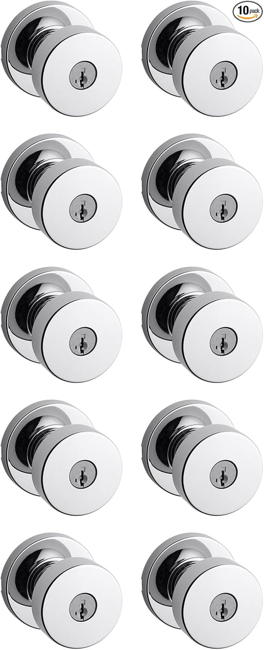 Kwikset Pismo Entry Door Knob with Lock and Key, Secure Keyed Handle Exterior, Front Entrance and Bedroom, Polished Chrome, 10 Pack, Pick Resistant SmartKey Rekey Security