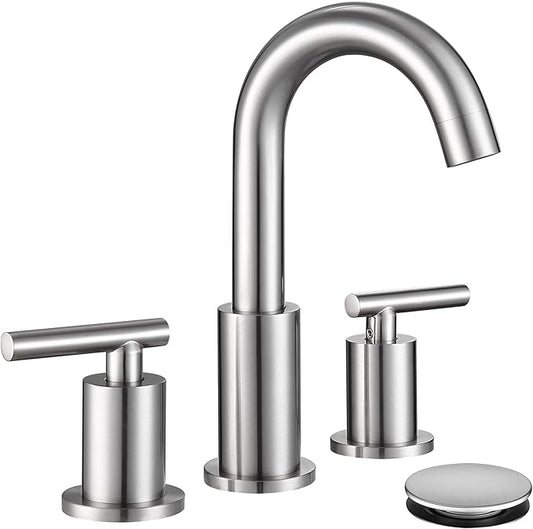 Widespread Bathroom Faucet with Sink Drain and Supply Hose, Brushed Nickel 3 Hole Faucet for Bathroom Sink, ChiLDano Satin Nickel 2 Handle Bathroom Faucet CH2183BN