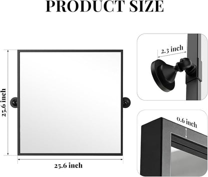 26"x26" Square Black Mirror,Pivot Mirror for Bathroom,Tilt Beveled Vanity Mirror,Metal Frame Piovting Mirror Hanging for Bedroom Entryway Living Room Farmhouse