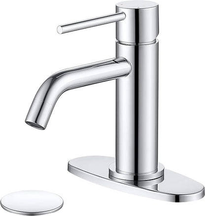 Bathroom Faucet Chrome Single Hole, JXMMP Single Handle Bathroom Faucets for Sink with Pop Up Drain Assembly and 6 inch Deck Plate