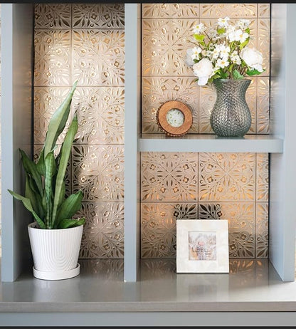 Main Street Peel and Stick Wallpaper Tiles, White & Gold Leaves, 24-Pack | 8"x8" tiles, covers 10.67 sq ft. Peel-and-stick paper, no extra adhesive needed. Ideal for backsplashes & DIY projects.