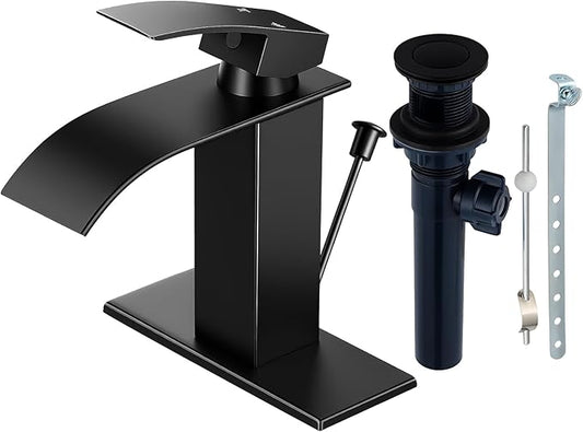 Matte Black Bathroom Faucet with Lift Rod Drain, Waterfall Bathroom Sink Faucet Modern Single Handle Bathroom Faucte 1 or 3 Hole, RV Mixer Tap Vanity Faucet Washbasin Faucet with Deck