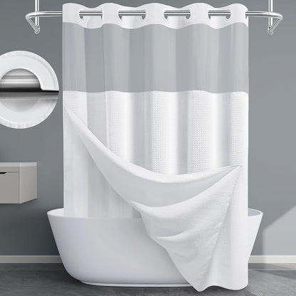 EUTXL Extra Thick 256GSM Waffle Weave Shower Curtain with Snap-in Liner, Heavy Duty Hotel Style Bath Curtain Set, Luxury Weighted Fabric, 71 x 74, White