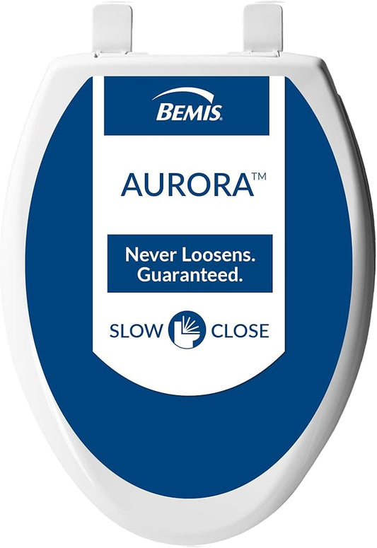 Bemis Aurora Slow Close Toilet Seat, Easy Clean Hinges and Adjustable Perfect Fit Plastic Seat, Made in USA, Elongated, White