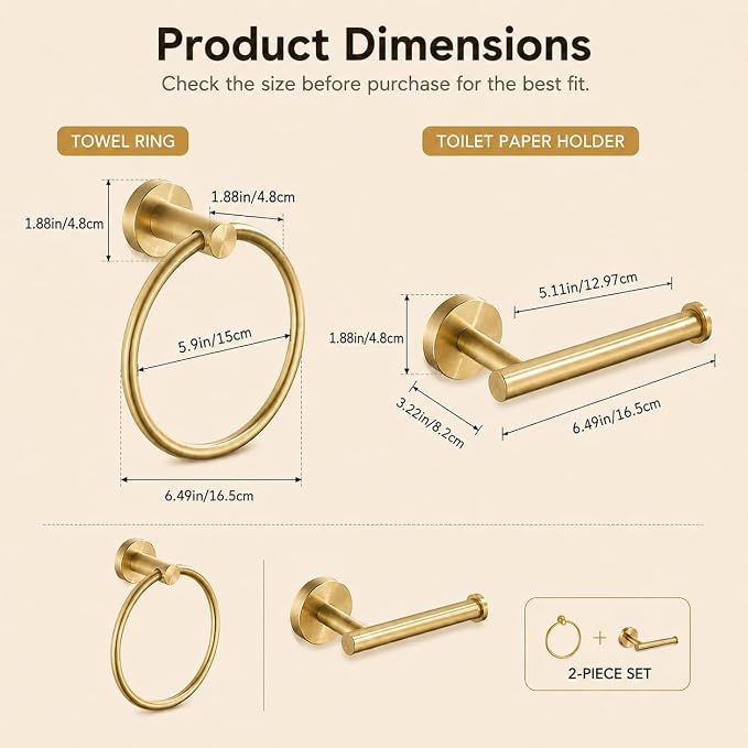 Toilet Paper Holder Towel Ring Brushed Gold Bathroom Hardware Hand Towel Holder Bathroom Accessories Set Wall Mount Stainless Steel 2 Pieces