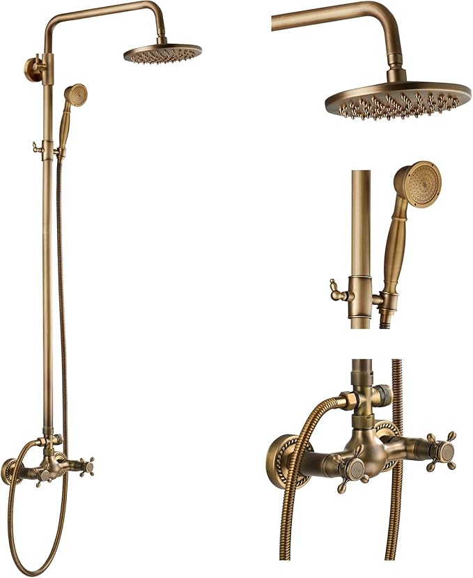 gotonovo Exposed Bathroom Shower Faucet Set Shower Fixture 8 Inch Rainfall Shower Head Handheld Shower Cross Handle Wall Mount 2 Functions Antique Brass