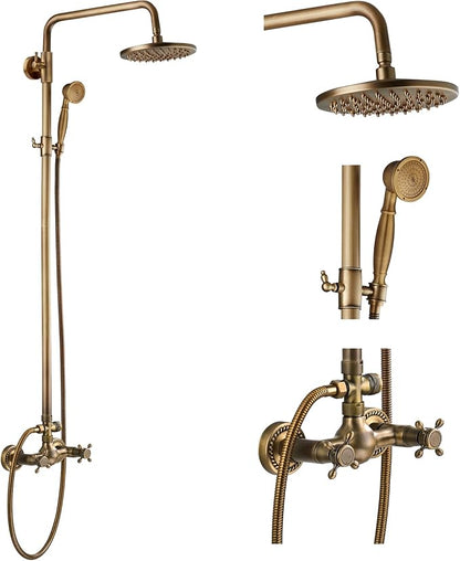 gotonovo Exposed Bathroom Shower Faucet Set Shower Fixture 8 Inch Rainfall Shower Head Handheld Shower Cross Handle Wall Mount 2 Functions Antique Brass
