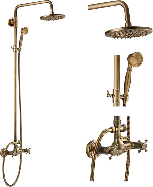 gotonovo Exposed Bathroom Shower Faucet Set Shower Fixture 8 Inch Rainfall Shower Head Handheld Shower Cross Handle Wall Mount 2 Functions Antique Brass
