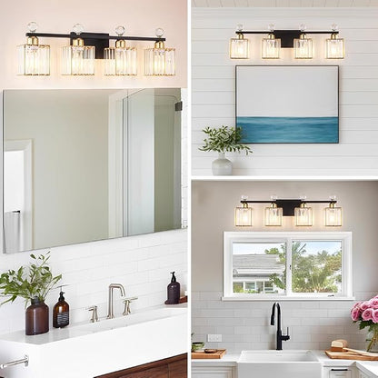Lxybcce Bathroom Vanity Lights Over Mirror - Easy Installation with Clear Guide, 4-Light Shadow-Free Design, Black and Gold Crystal Finish - for Modern Home Bathroom Lighting Fixtures in DIY Projects