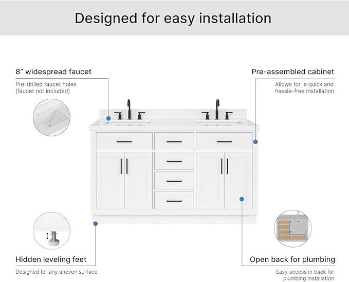 ARIEL Hepburn 60-inch Bathroom Vanity with Sink,Solid Wood, 1.5-inch Carrara White Quartz Countertop & Backsplash, Double Rectangular Porcelain Sink, 4 Soft Closing Doors, 6 Dovetail Drawers, White