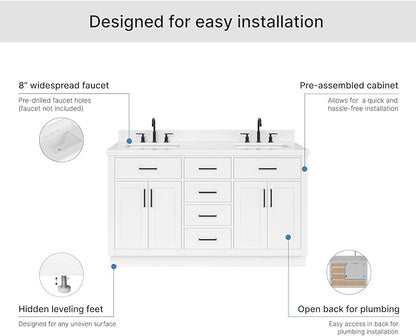 ARIEL Hepburn 60-inch Bathroom Vanity with Sink,Solid Wood, 1.5-inch Carrara White Quartz Countertop & Backsplash, Double Rectangular Porcelain Sink, 4 Soft Closing Doors, 6 Dovetail Drawers, White