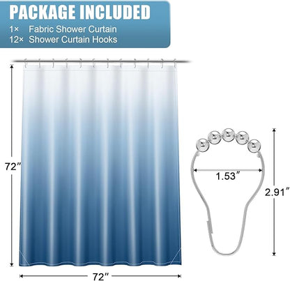 OLANLY Luxury Blue and White Ombre Shower Curtain Sets with 12 Hooks, Waterproof and Washable Decorative Shower Curtains for Bathroom, 72x72 Inches