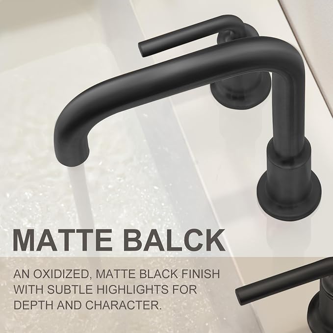 3 Hole Bathroom Faucet, Matte Black Bath Faucet | 8 Inch Widespread Faucet, 2 Handle Bathroom Sink Faucet with Drain Assembly Supply Line, Solid Brass Bath Faucet BF503-MB